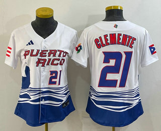 Womens Puerto Rico Baseball #21 Roberto Clemente Number 2023 White World Classic Stitched Jerseys